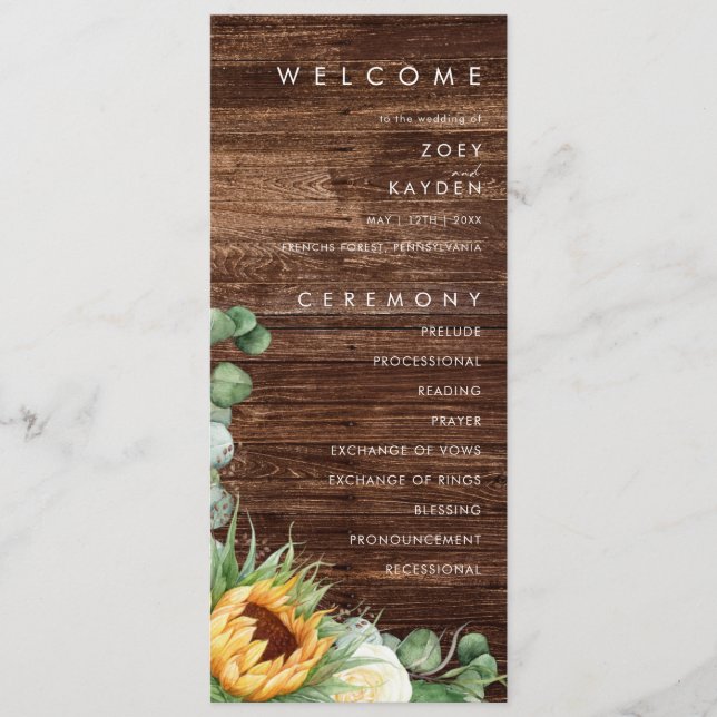 Bold Country Sunflower | Wood Wedding Program (Front)