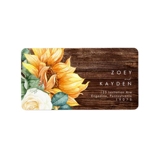 Bold Country Sunflower | Wood wedding RSVP address Label (Front)