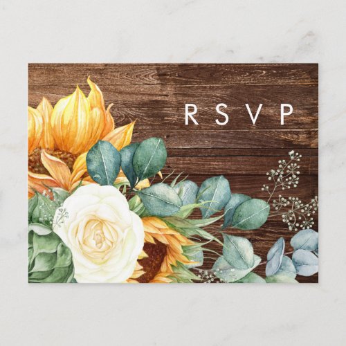 Bold Country Sunflower  Wood Wedding RSVP Postcard