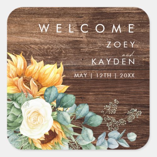 Bold Country Sunflower  Wood Wedding Welcome Square Sticker