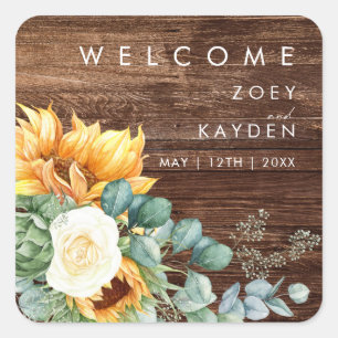 Bold Country Sunflower Wood Wedding Welcome Square Sticker