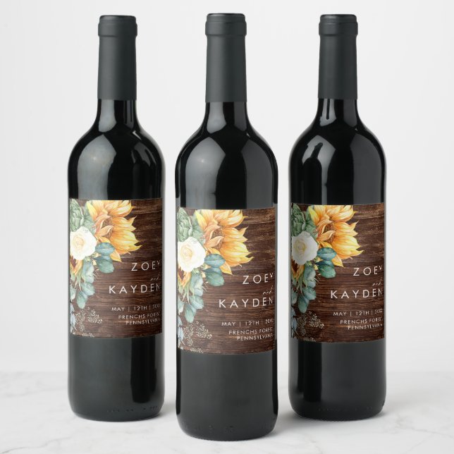 Bold Country Sunflower | Wood Wedding Wine Label (Bottles)