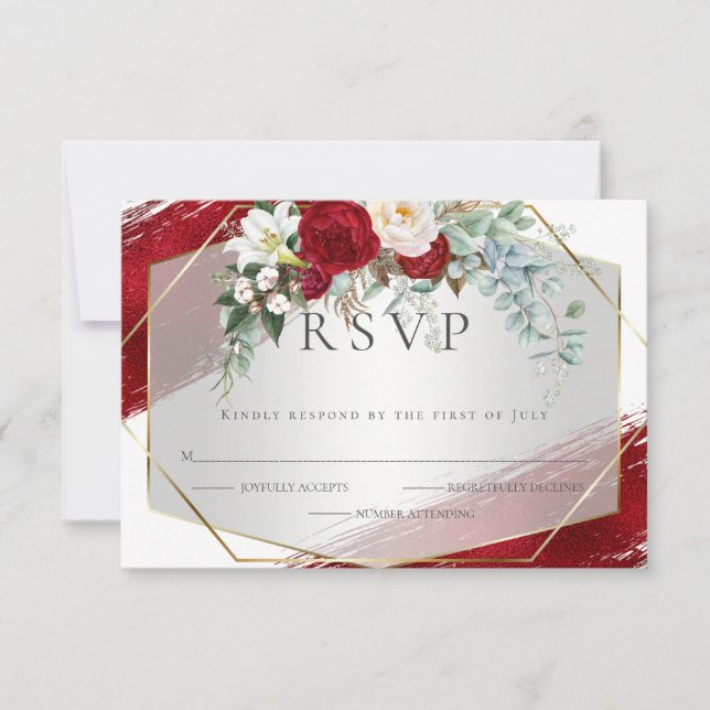 Bold Crimson Ivory Floral Foil Strokes RSVP Card (Front)