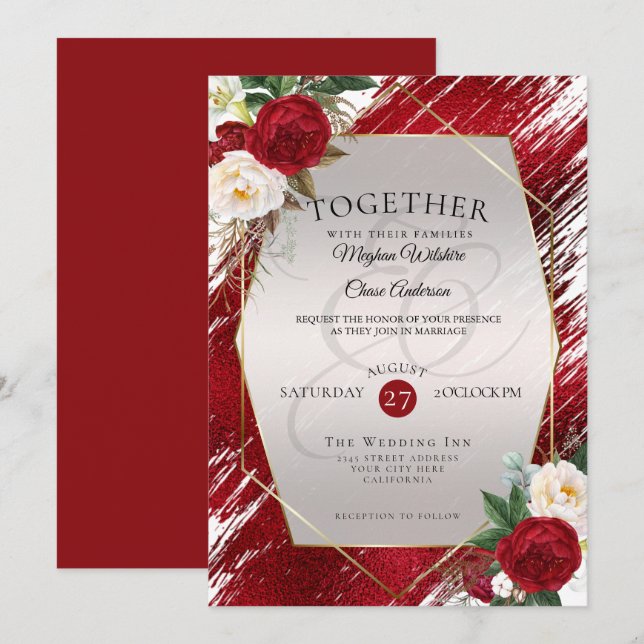 Bold Crimson Paint Stroke Red Peonies Invitation (Front/Back)