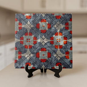 Bold Crimson Red and Blue Abstract Mid-Century Ceramic Tile