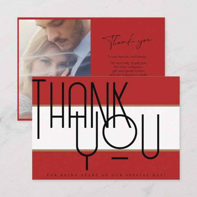 Bold Crimson Red Typography Photo Wedding Thank You Card (Front/Back)