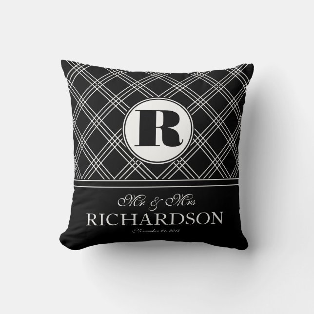 Bold Criss Cross Pattern Monogram Mr and Mrs Throw Pillow (Front)