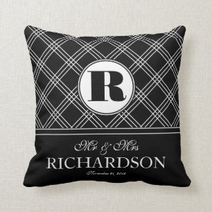Bold Criss Cross Pattern Monogram Mr and Mrs Throw Pillow
