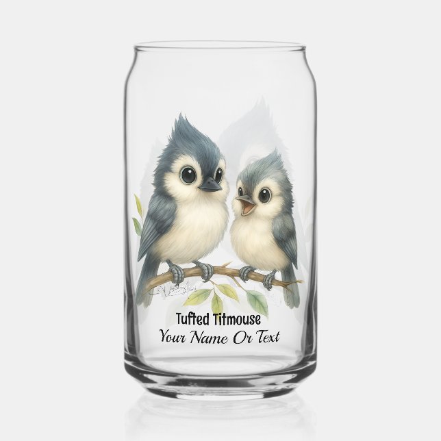 Bold Curious Tufted Titmouse Can Glass (Front)