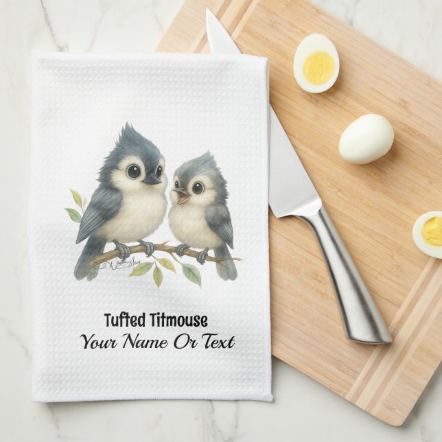 Bold Curious Tufted Titmouse  Kitchen Towel (Quarter Fold)