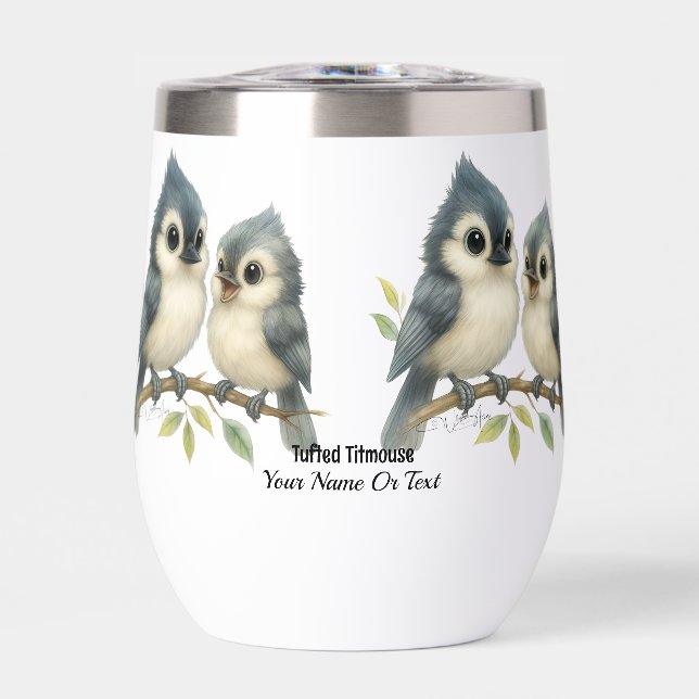 Bold Curious Tufted Titmouse Thermal Wine Tumbler (Front)