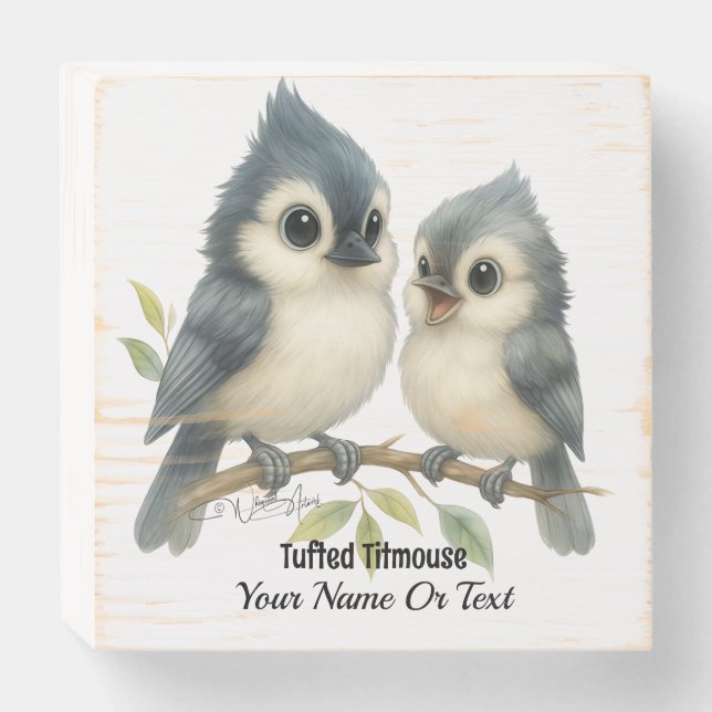 Bold Curious Tufted Titmouse Wooden Box Sign (Front Horizontal)