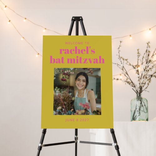 Bold Cute Pink Yellow Bat Mitzvah Photo Welcome