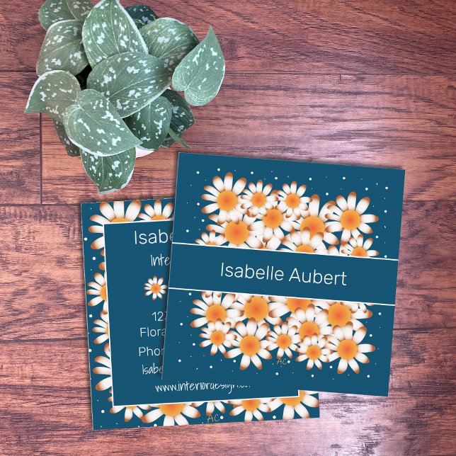 Bold Daisies | Blue Floral Square Business Cards (Creator Uploaded)
