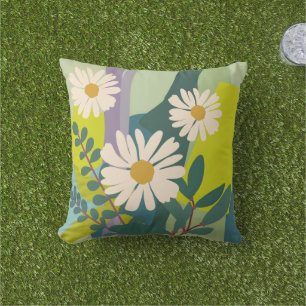 Bold Daisy Bloom with Colorful Color Blocks Outdoor Pillow