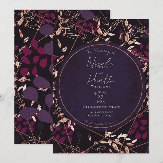 Bold Dark Floral Purple Berry Bronze Wedding   Invitation (Front/Back)