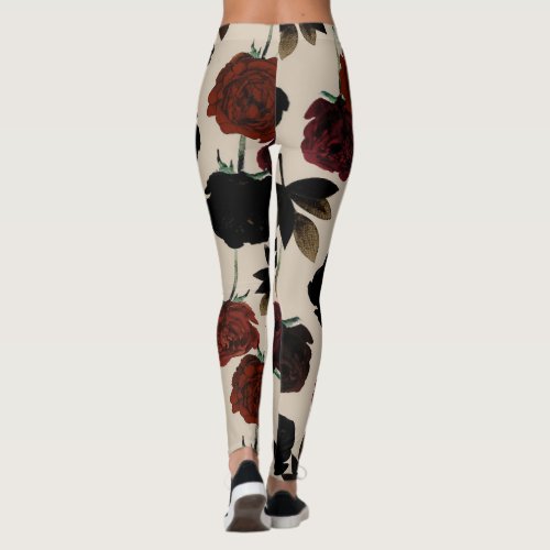 Bold Dark Floral Red  Black Beige Botanical Leggings