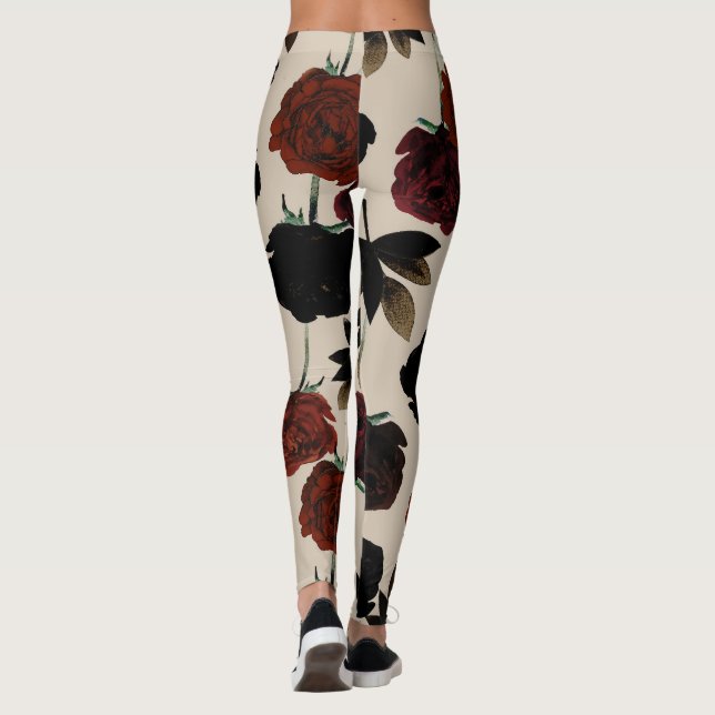 Bold Dark Floral Red & Black Beige Botanical Leggings (Back)
