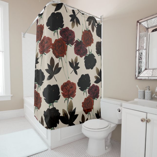 Bold Dark Floral Red & Black Beige Botanical Shower Curtain (In Situ)