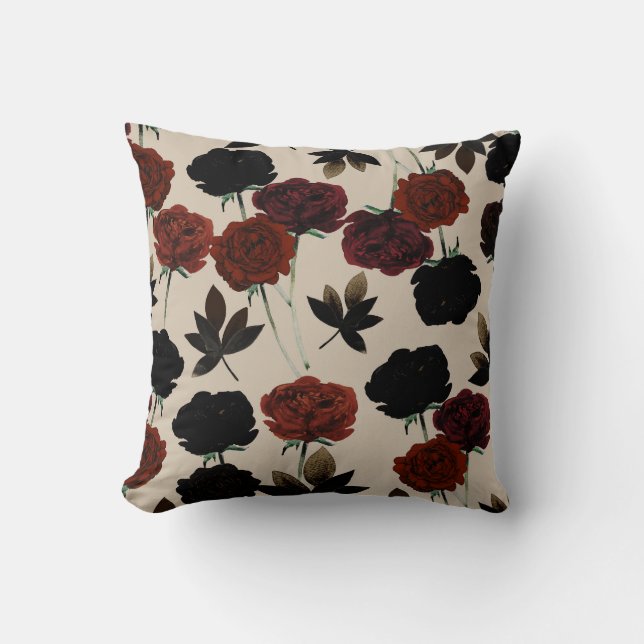 Bold Dark Floral Red & Black Beige Botanical Throw Pillow (Front)