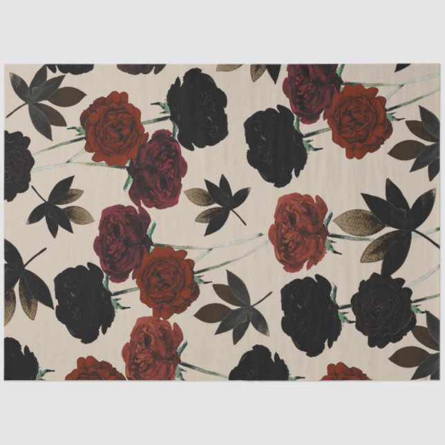Bold Dark Floral Red & Black Beige Botanical Tissue Paper (Front)
