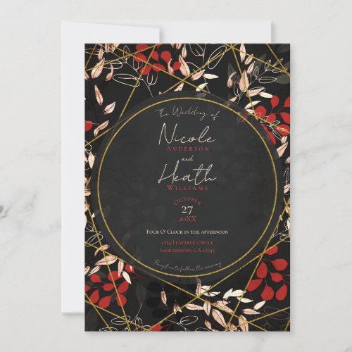Bold Dark Floral Red Black Grey Gold Wedding   Invitation