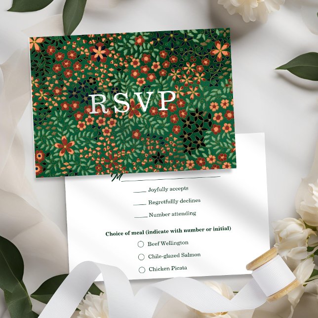 Bold Dark Green Red Floral Textile Wedding Meal RSVP Card (Creator Uploaded)