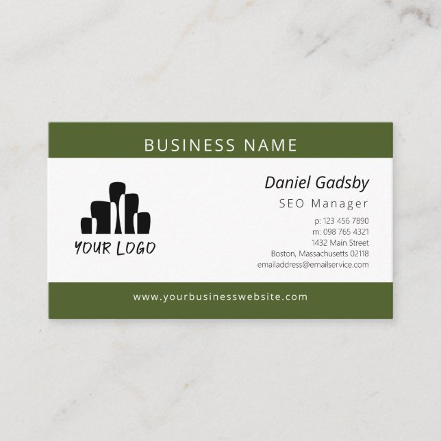 Bold Dark Moss Green White Your Logo One Sided Business Card (Front)