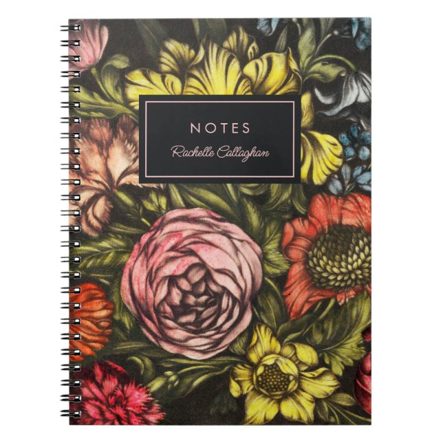 Bold Dark Vintage Florals Blush Pink Name Notebook (Front)