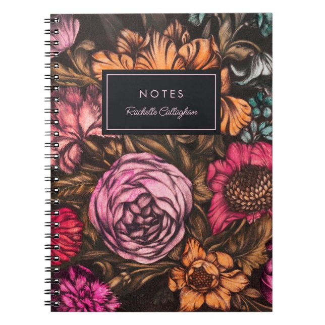 Bold Dark Vintage Florals Coral Lilac Name Notebook (Front)