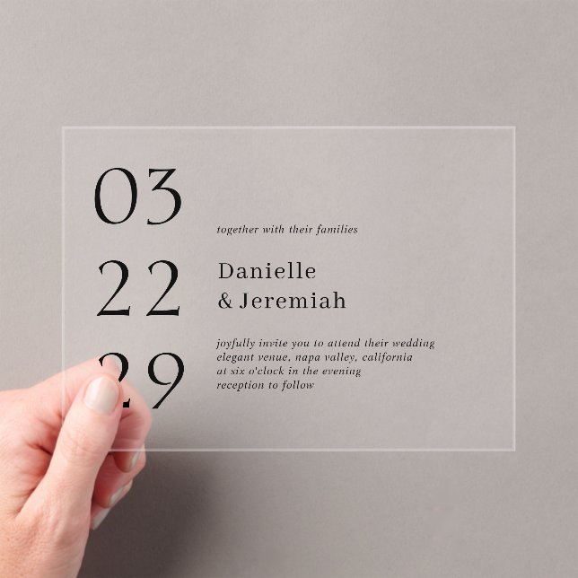 Bold Date Clean Minimal Elegant Modern Wedding Acrylic Invitations (Insitu (Handheld))