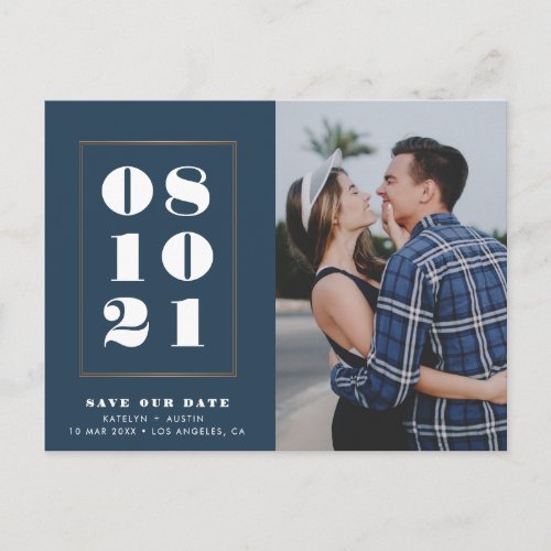 Bold date elegant frame blue wedding postcard