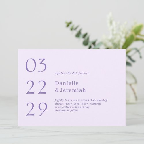 Bold Date Lilac Minimal Elegant Modern Wedding Invitation