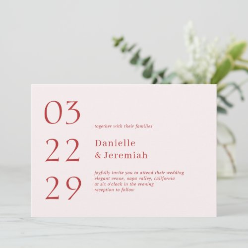 Bold Date Muted Red Minimal Elegant Modern Wedding Invitation