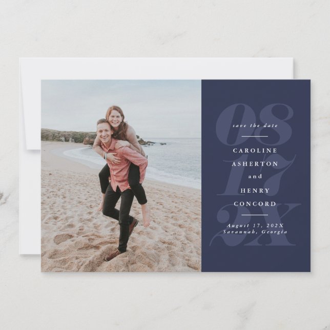 Bold date navy blue photo save the date (Front)