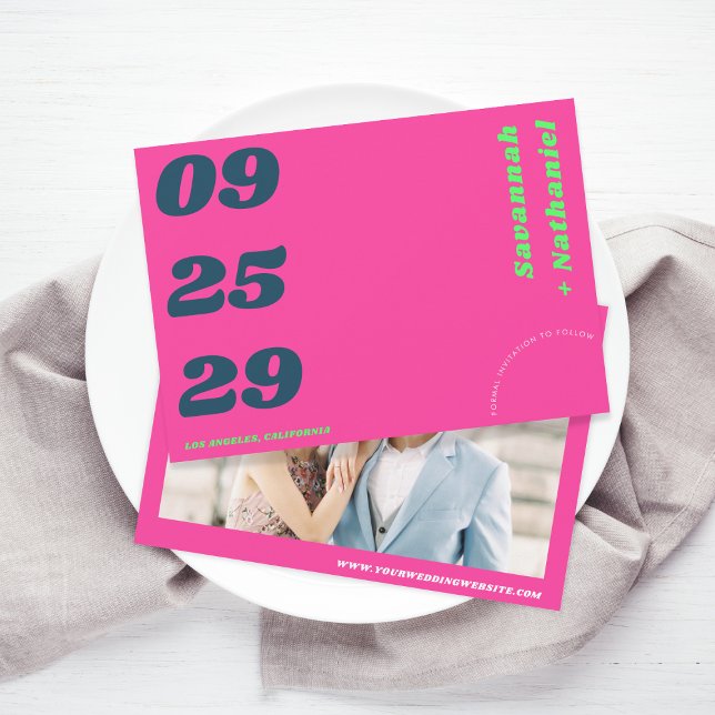 Bold Date Pink & Green Retro Photo Website Wedding Save The Date (Creator Uploaded)