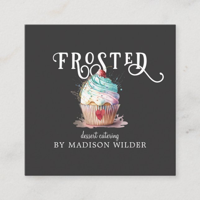 Bold Dessert Catering Baker Calligraphy | Cupcake Square Business Card (Front)