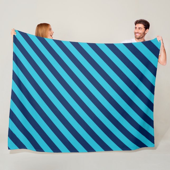 Bold Diagonal Bright Blue and Navy Stripes Fleece Blanket (In Situ)