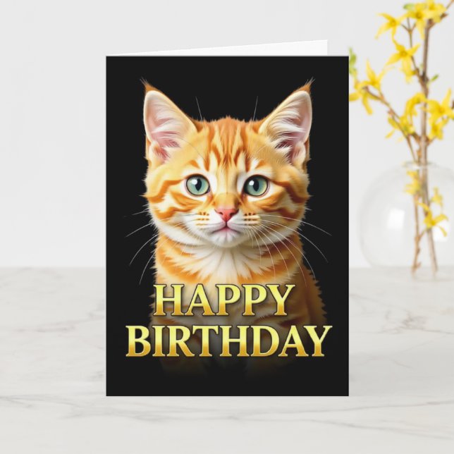 BOLD DISTINCT CLOSEUP GINGER KITTEN BIRTHDAY CARD (Yellow Flower)