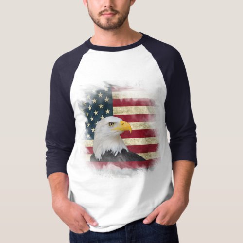 Bold Distressed US Flag Bald Eagle Design T_Shirt