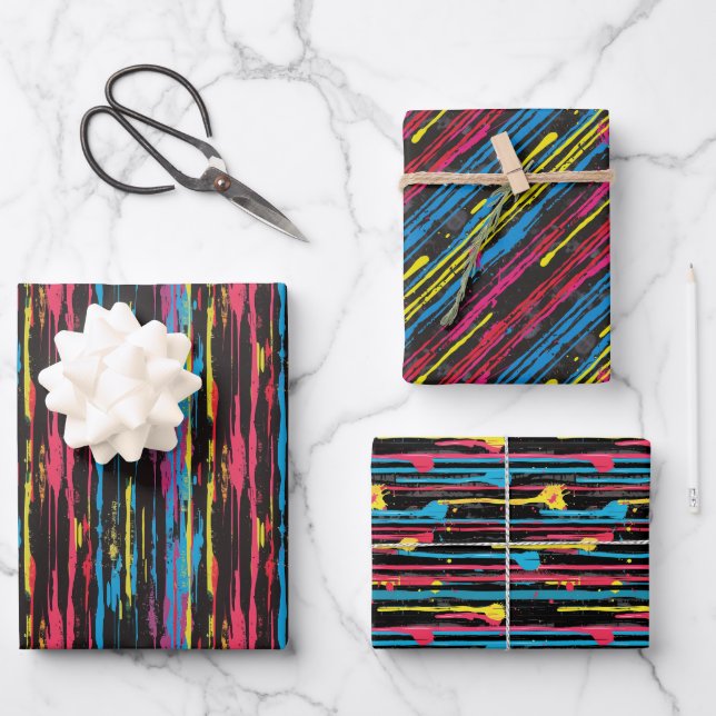 Bold Dripping Paint Pattern on Black Wrapping Paper Sheets (Front)