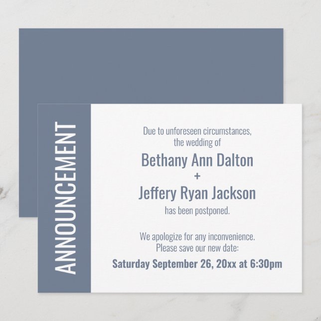 Bold Dusty Blue Postponed Wedding Announcement (Front/Back)