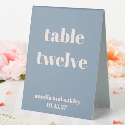 Bold Dusty Blue Retro Custom Wedding Number Table Tent Sign