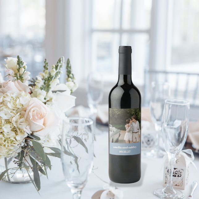 Bold Dusty Blue Retro Custom Wedding Photo Wine Label (Creator Uploaded)