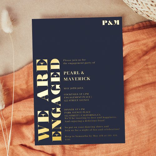 Bold dusty navy blue wedding engagement party foil invitation