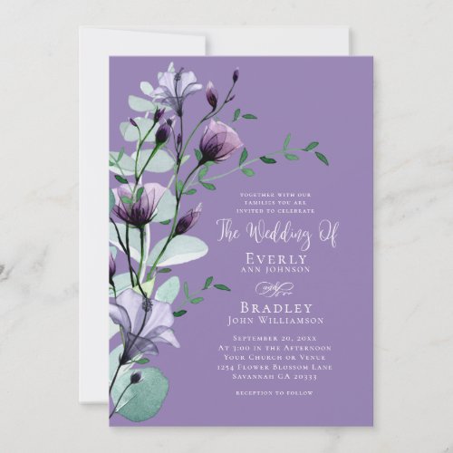 Bold Dusty Purple Watercolor Floral Boho Wedding Invitation