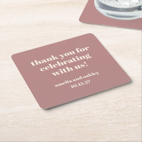 Bold Dusty Rose Retro Custom Wedding Thank You Square Paper Coaster