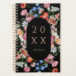 Bold Dutch Master Floral Personalized Planner<br><div class="desc">A beautiful planner featuring colorful watercolor Dutch flowers in blue,  pink,  mauve,  and white on a black background. Personalize with your name and the year in the center of a pill shape frame.</div>