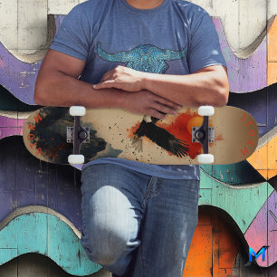 Bold Eagle in Fiery Sky Over Mountains, Retro Wild Skateboard