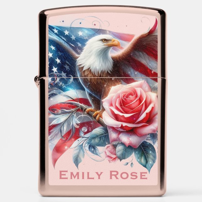 Bold Eagle & Rose Patriotic Art Zippo Lighter (Front)